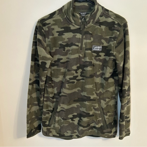 Youth Eddie Bauer Camoflauge Green 1/4 Zip Pullover Fleece Jacket Kids L 14/16 - Picture 1 of 9
